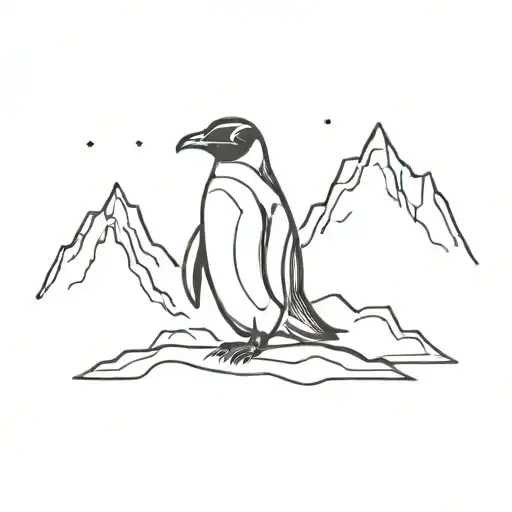A Lonely Penguin Looks Towards A Vast Range Of Icy Mountains