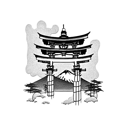 Torii Gate With Mount Fuji Background Black And White