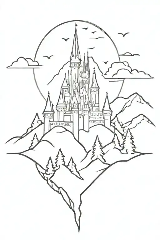 Disney Castle Overlooking Mountains