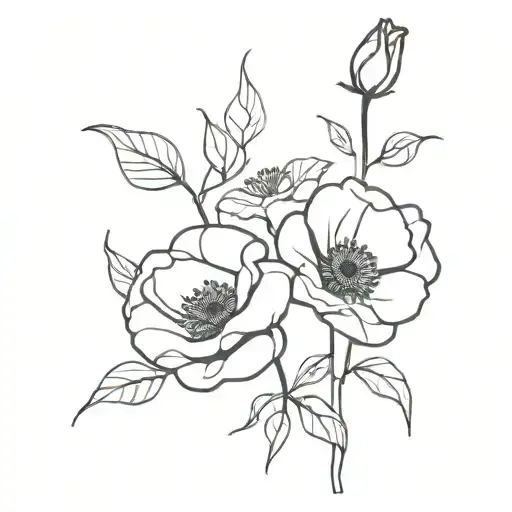 A Delicate Line Art Tattoo Of A Rose And Poppy Entwined With Each Other
