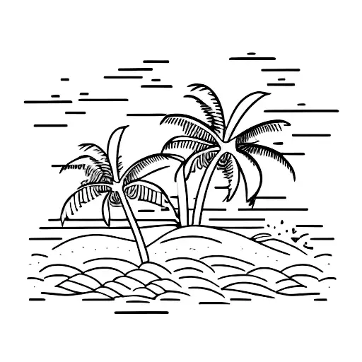 A Minimalist Design Of A Beach Scene With Palm Trees And Crashing Waves