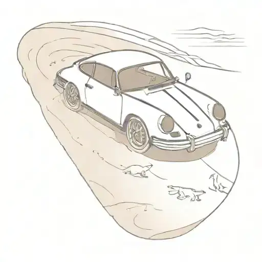 A Minimalist Tattoo Of A Porsche Parked On The Beach With A Dog Playing In The Sand