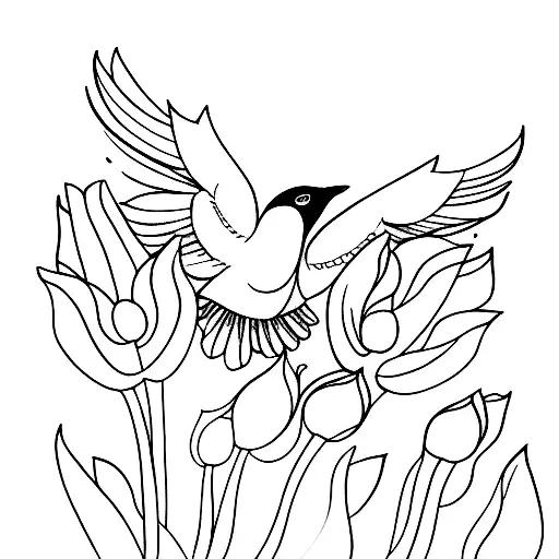 A Sketch-style Tattoo Of A Magical Bird Flying Over A Field Of Tulips