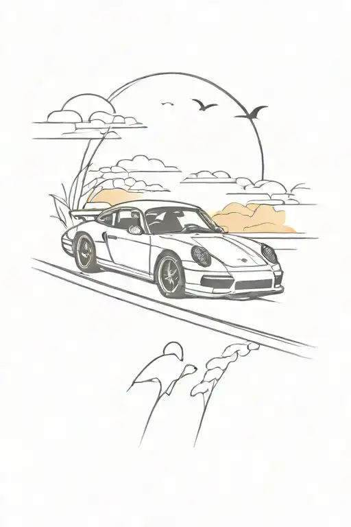 A Sleek And Modern Tattoo Of A Porsche Speeding Towards A Beautiful Sunset