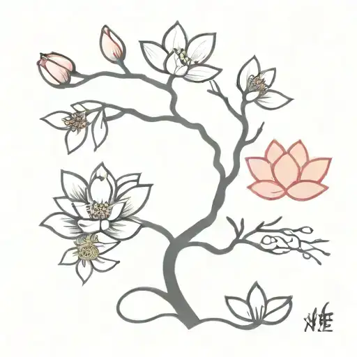 Japanese Cherry Blossom Tree With Lotus Flowers Growing