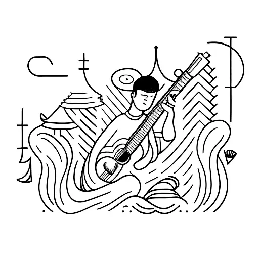 A Pagode Musician Playing A Guitar On A Beach With A Waterfall In The Background