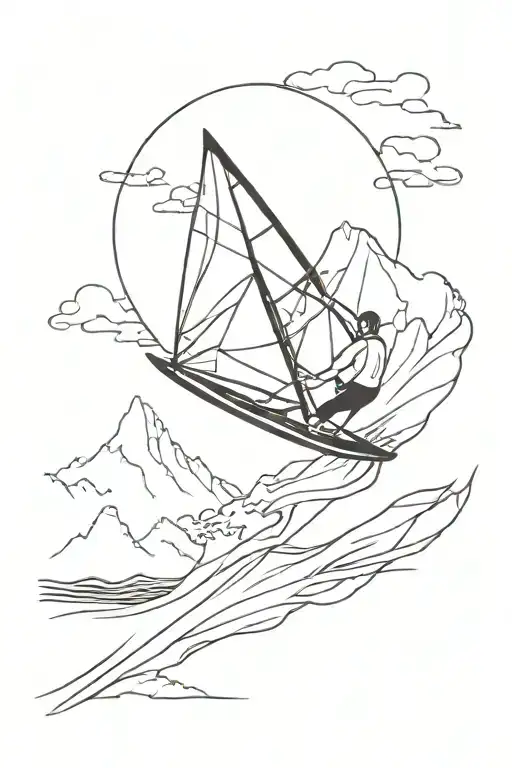A Minimalist Tattoo Of A Windsurfer Riding A Wave With A Silhouette Of Mountains In The Background