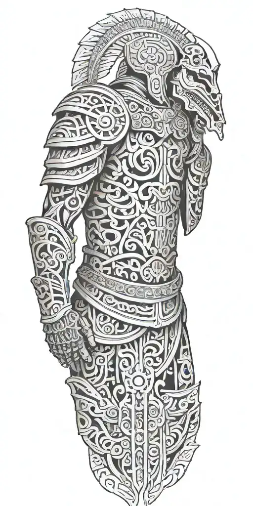 An Intricate Design Featuring Roman Soldier Armor With Maori Patterns And Skeletal Elements