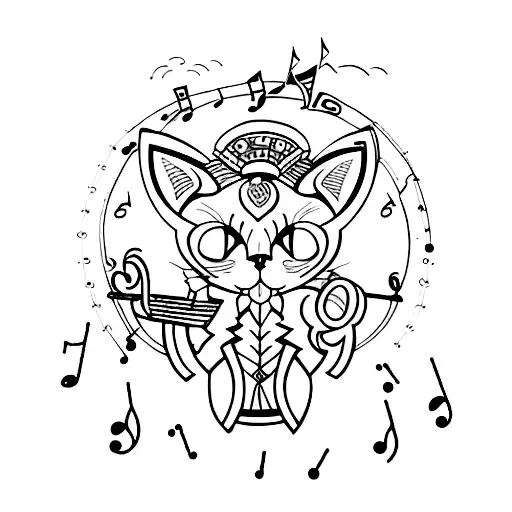A Blackwork Tattoo Of A Cat Playing A Musical Instrument