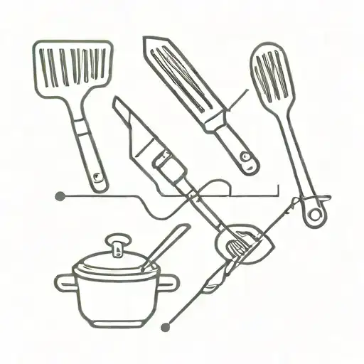 An Abstract Tattoo Combining Cooking Utensils With Symbols From Popular Computer Games