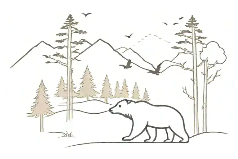 Bear Outline Fading To Trees And Mountains With Birds Flying