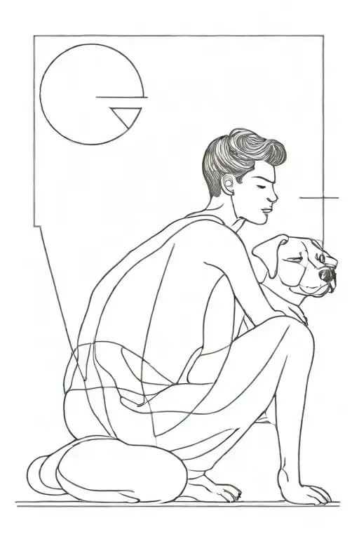 Boy With Dog Sitting Minimal Line Art