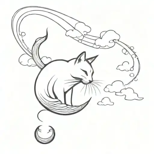 An Abstract Design Of A Cat Chasing Clouds And Betta Fish In A Minimalist Style