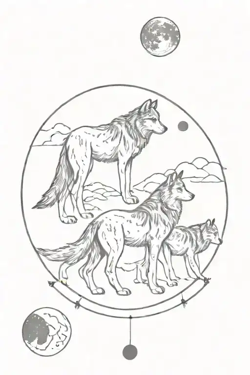 Wolf Pack Symbolizing Your Family Members Intertwined With Moon Phases