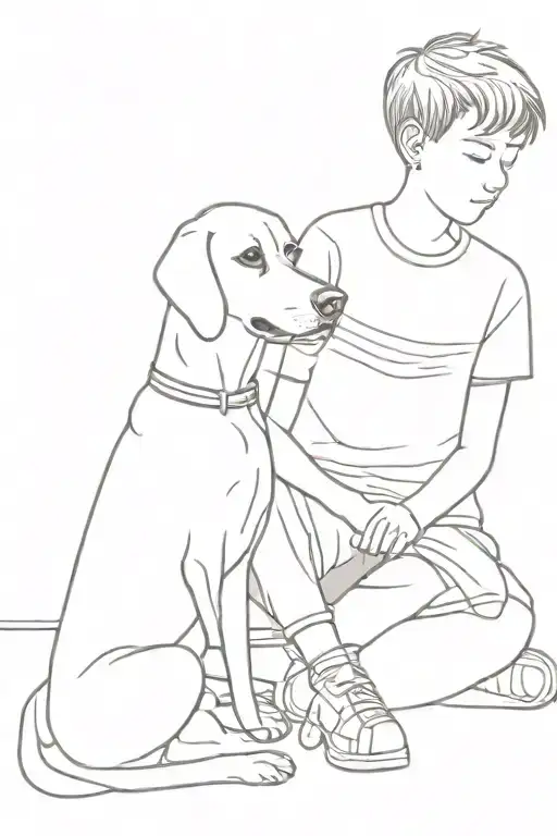 Young Kid With Dog Sitting Minimal Line Art