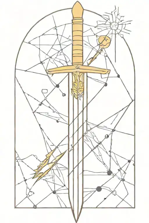 A Minimalist Tattoo Of A Golden Sword Surrounded By Geometric Shapes