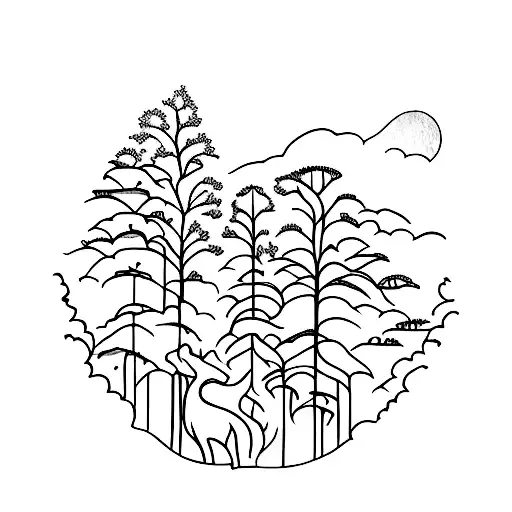 A Blackwork Tattoo Of A Serene Forest With A Hidden Silhouette Of A Cat Among The Trees