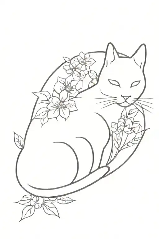 A Minimalist Design Of A Cat Surrounded By A Variety Of Beautiful Flowers