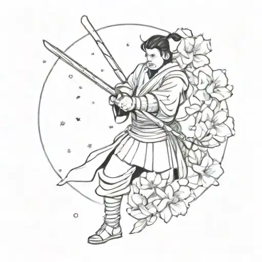 A Samurai Warrior Wielding A Sword Made Of Blooming Flowers In A Cosmic Background