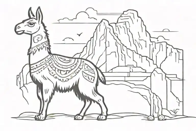 A Minimalist Tattoo Of A Llama Dancing To Music In Front Of Machu Picchu