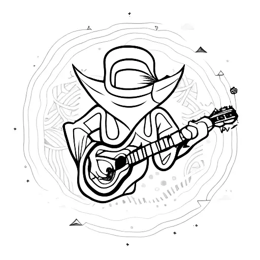 A Minimalist Tattoo Of A Video Game Character Playing A Guitar On A Beach