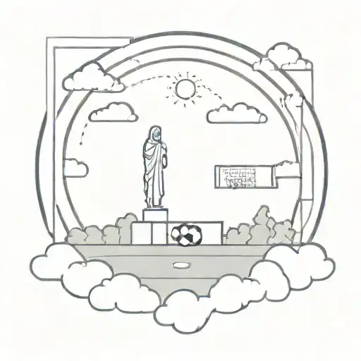 A Minimalist Depiction Of A Soccer Field With A Subtle Image Of The Virgin Mary In The Clouds Above