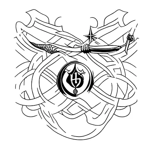 A Minimalist Tattoo Of A Wand From Harry Potter Entwined With A Gaming Controller