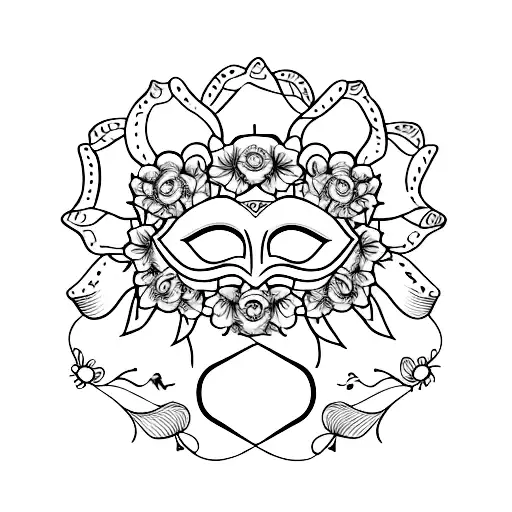 A Minimalist Tattoo Of A Theater Mask With A Blooming Flower Crown