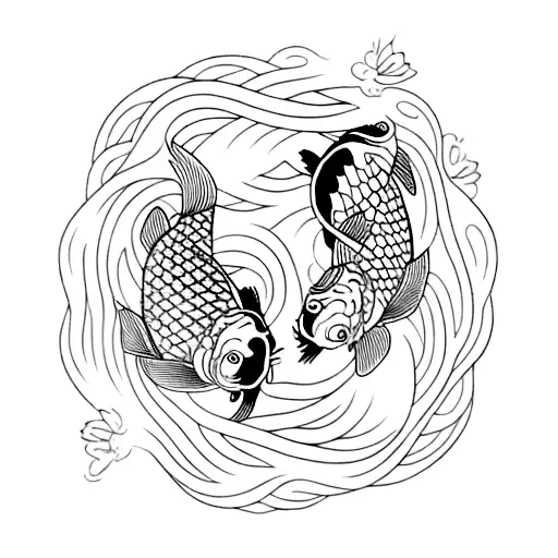 Two Koi Fish With Jasmine Flower Fine Line With Shading