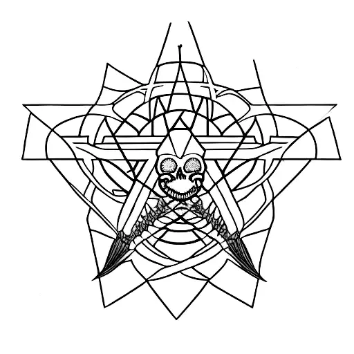 A Tattoo Of A Dinosaur Skeleton With A Pentagram In The Background