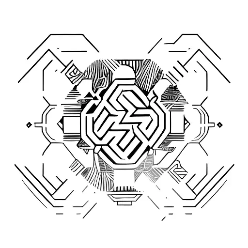 A Minimalist Tattoo Of A Tribal-inspired Javascript Logo With A Coffee Cup In The Center