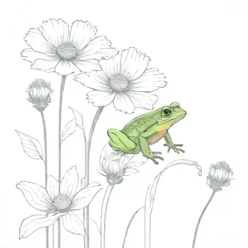 Cosmos And Marigold Flowers With Stems With Small Frog