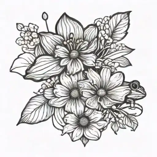 Cosmos And Marigold Flowers With Stems With Small Frog