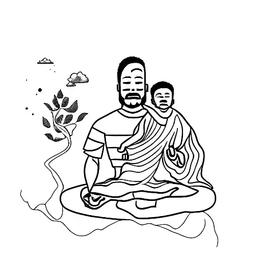 A Father And Child Silhouette Meditating Together With A Dog At Their Side