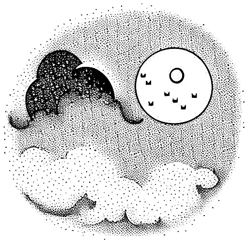 Rain Cloud With Sun And Crescent Moon Also Fireflies