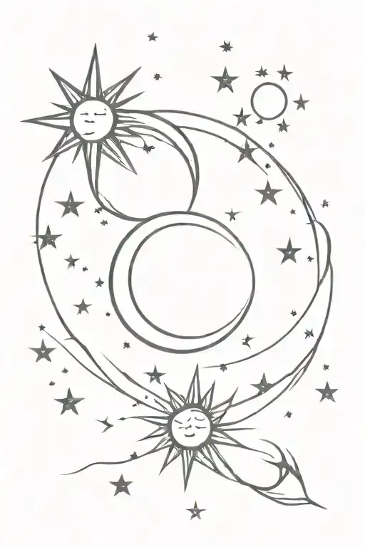 Simple Moon And Sun With Stars In A Line