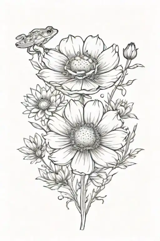 Cosmos And Marigold Flowers With Stems With Small Frog