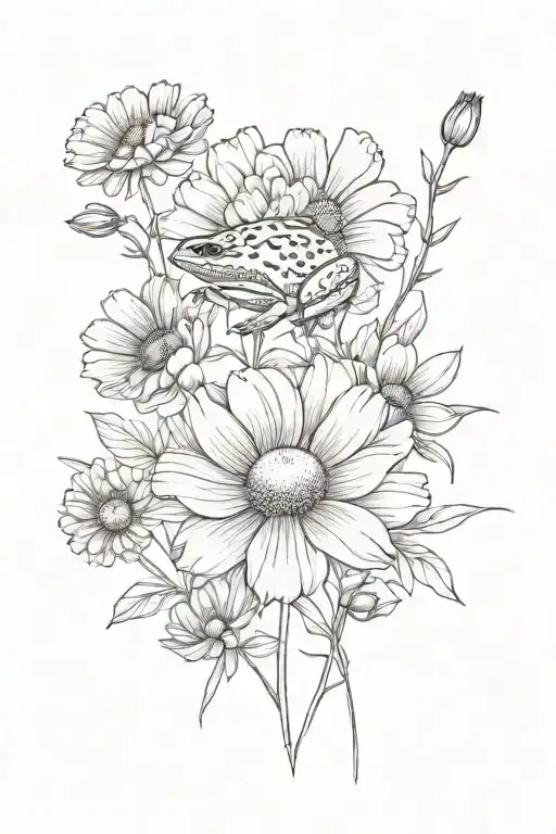 Cosmos And Marigold Flowers With Stems With Small Frog