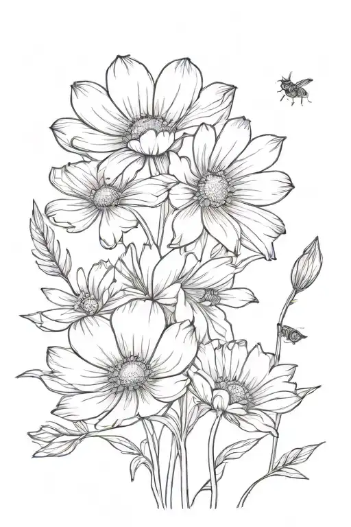 One Cosmos And One Marigold Flowers With Stems With Small Frog