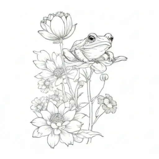 Cosmos And Marigold Flowers With Stems With Cute Small Frog Holding The Flowers