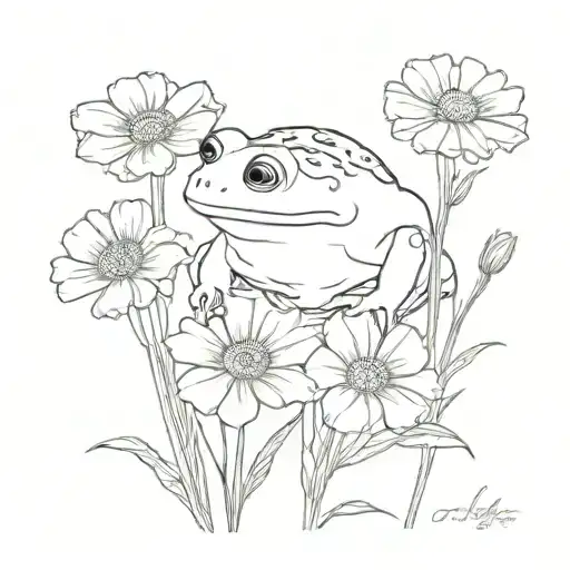 Cosmos And Marigold Flower Bouquet With Cute Frog
