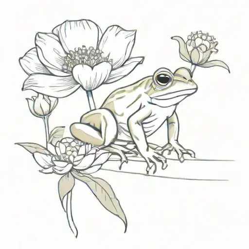 Cosmos And Marigold Flower With Cute Frog Sitting
