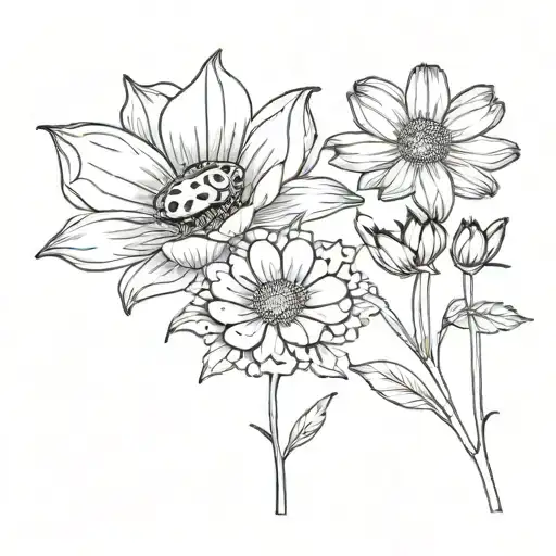 Cosmos And Marigold Flowers With Stems With Small Frog