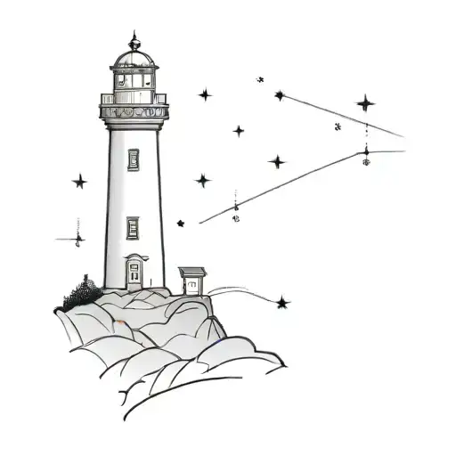 Lighthouse With A Constellation On Top And A Small Ship In Front