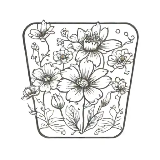 Cosmos And Marigold Flowers With Stems With Small Frog