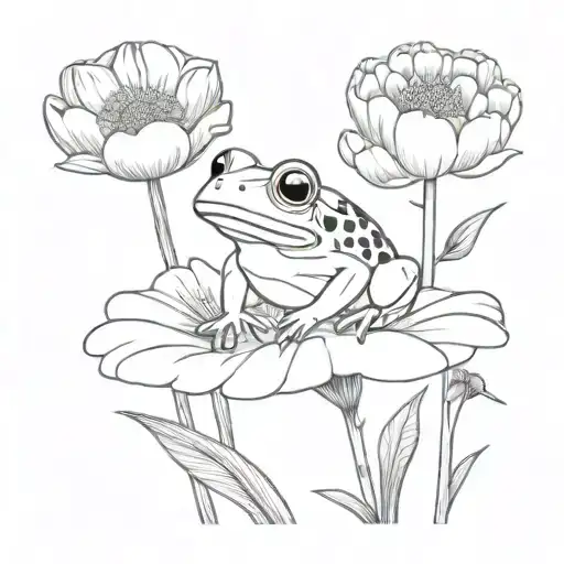 Cosmos And Marigold Flowers With Stems With Cute Small Frog Holding