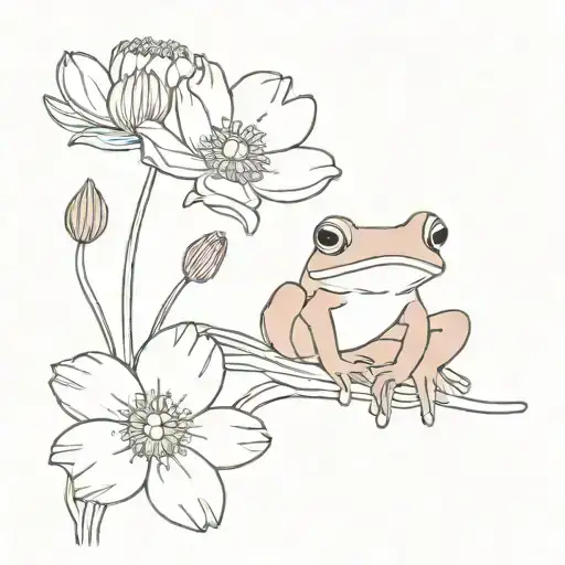 Cosmos And Marigold Flowers With Stems With Small Frog