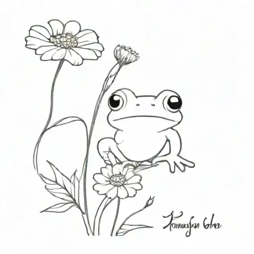 Cosmos And Marigold Flowers With Stems With Cute Small Frog Holding The Flowers