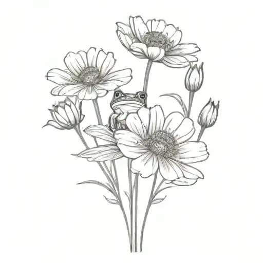 Cosmos And Marigold Flowers With Stems With Small Frog