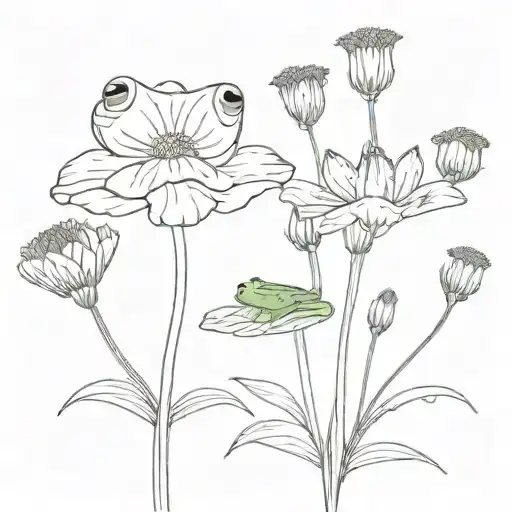 Cosmos And Marigold Flowers With Stems With Cute Frog Facing Me